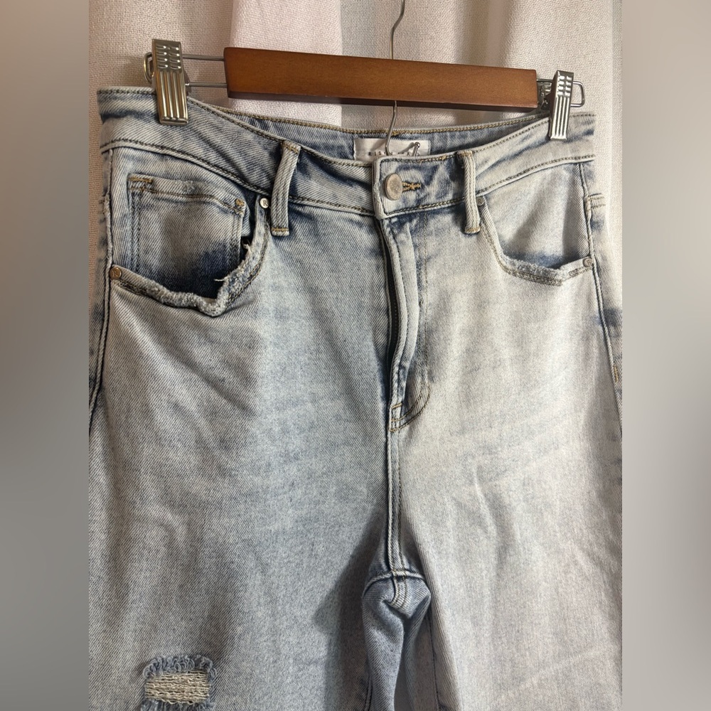 Risen High Rise Distresed Crop‎ Straight Denim Jeans Light Wash Size 7/28 0437 - Picture 2 of 10